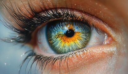 Close-up of a captivating eye, showcasing intricate details and vibrant colors. The iris displays mesmerizing patterns, blending blues, greens, and oranges.