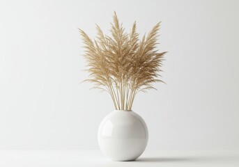 Pampas grass in a white round vase against a plain white background in a studio setting