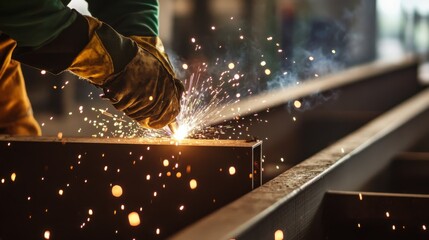 A construction site worker welding metal beams together. Featuring skill and focus