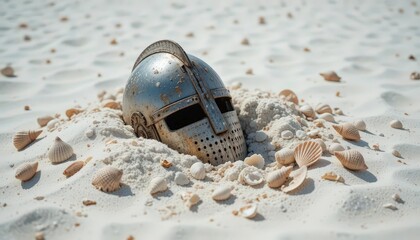  Seaside Relic White Sand, Helmet, Seashells, Sun Bleached, Coastal Still Life.