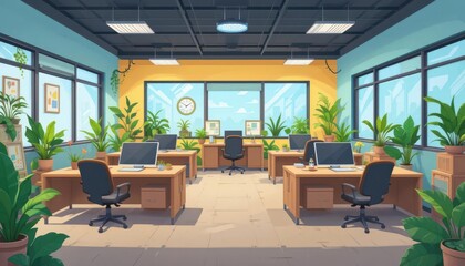  Fun Cartoon Office Illustration with Plants, Desks, and Cheerful Vibe, Perfect for Casual Meetings and Team Building Sessions