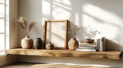 Elegant home interior featuring natural wood shelf, vases, dried plants, books, and picture frame in a serene setting.