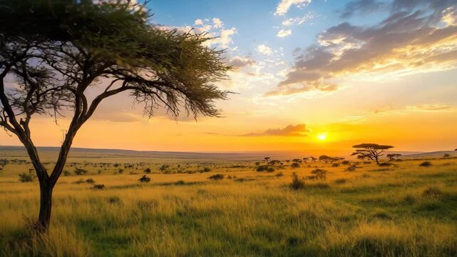 Stunning african sunset over grassland landscape with acacia tree