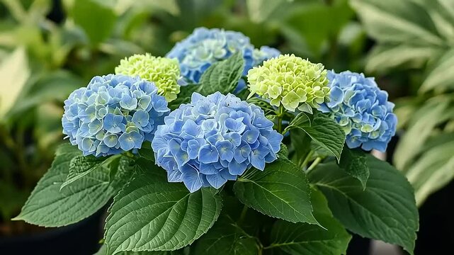 Vibrant blue and green hydrangea flowers blooming in a lush garden setting with greenery in the background
