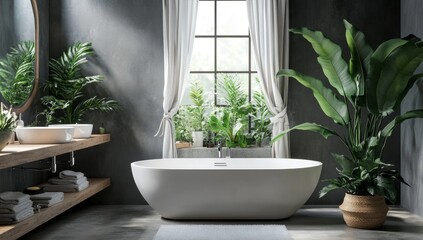 Modern bathroom with abundant greenery and natural light.  A stylish, minimalist space featuring a freestanding tub, wooden vanity, and lush plant life