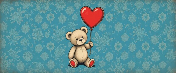 Naklejka premium A charming teddy bear illustration holding a red heart balloon, set against a classic vintage blue patterned background.