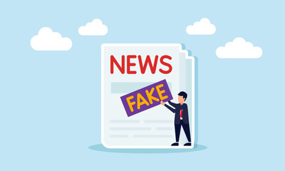 Businessman placing the word fake on a newspaper, illustration of the importance of fact-checking and verifying the accuracy of news