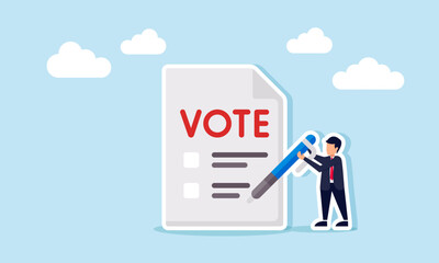 Businessman holding a pen next to a vote paper, illustration of choice options to make a fair decision