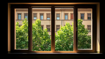 City View Through Window With Trees