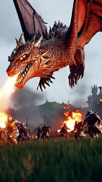A flying dragon breathes fire on the knights surrounding it