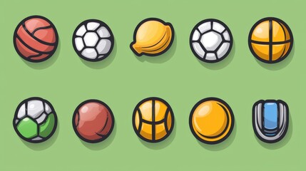 A collection of various sports balls and equipment icons including basketballs soccer balls tennis balls and more arranged against a minimalist green background