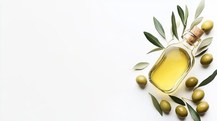 Fototapeta premium Glass bottle filled with delicious olive oil next to fresh green olives and olive leaves, isolated on a clean white background. Healthy organic food and Mediterranean cooking ingredient concept.