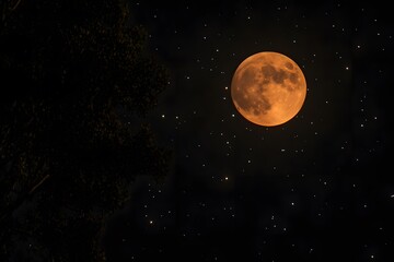 Orange Full Moon Night Sky Stars Tree