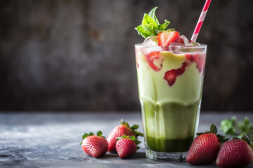 Iced matcha latte swirl with strawberry syrup and topped with mint leaves, surrounded by fresh strawberries on stone background. Concept of summer beverage, freshness and organic indulgence.