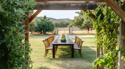 Garden view through a pergola framing a long festive table with foliage accents
