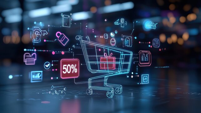 Futuristic digital shopping cart with vibrant neon icons and a prominent 50 discount offer showcasing the evolution of e commerce and online retail experiences