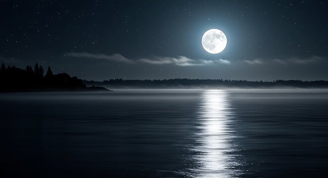 A serene nighttime landscape featuring a luminous full moon casting its reflection upon a tranquil body of water under a starlit sky. - Powered by Adobe