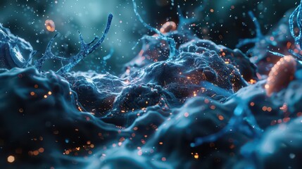 A close-up view of microscopic organisms in a vibrant, abstract environment.
