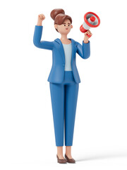 woman with megaphone and raised fist, symbolizing announcement or motivation. 3D rendering, conceptual image. Isolated on white background.