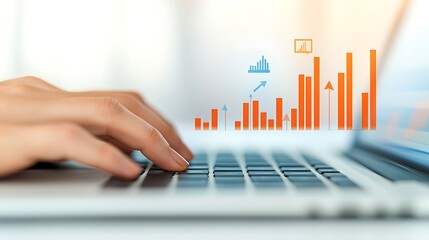Fingers typing on laptop keyboard with chart overlay, depicting growth and financial analytics for business decisions and data driven results.