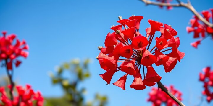 Vibrant crimson bell-shaped blooms of Illawarra flame tree, subtropical, garden