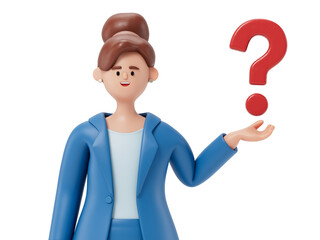 woman presenting a question mark, symbolizing inquiry or seeking answers. 3D rendering, conceptual image. Isolated on white background.