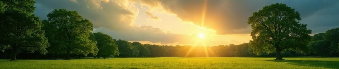 Sunlit trees, dramatic cloudscape English parkland, vibrant green foliage , summer, dark, scenery