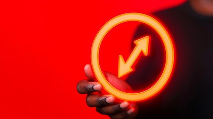 Hand holding vibrant arrow icon in a circle against a textured red gradient background creating a striking visual.