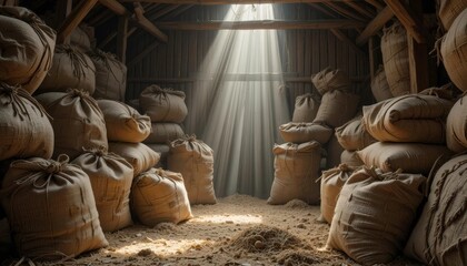 Rustic Interior Burlap Sacks in a Barn Setting, Showcasing the interplay of Light and Shadow on a Coarse Material