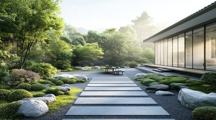 Fototapeta premium Modern garden setup with clean lines, slate paving, and a table with minimalist settings