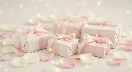 Pink gifts with rose petals, and bokeh.