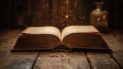 Open antique book with magical golden sparks on rustic wooden table