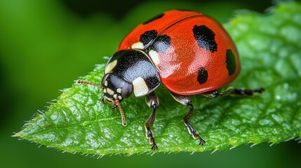 Fototapeta premium A vibrant ladybug walking across the edge of a green grass blade in a macro view. The detailed and high - resolution shot captures the beauty of nature, showing the small yet fascinating insect.