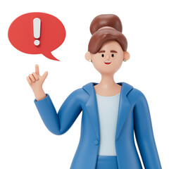 woman with exclamation bubble, symbolizing a sudden idea or realization. 3D rendering, conceptual image. Isolated on white background.