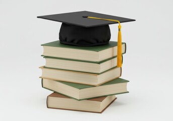 Graduation cap atop a stack of books with a tassel on a white background in a studio shot