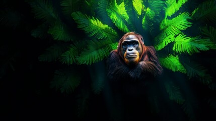 Obraz premium Majestic portrait of an adult orangutan surrounded by lush tropical ferns illuminated by beams of light