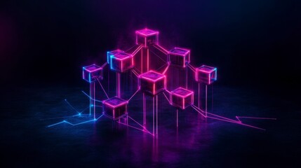 Fototapeta premium Futuristic digital network structure with glowing neon cubes interconnected by vibrant lines of light in a dark setting