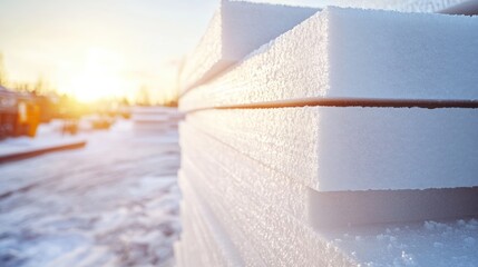 Polystyrene foam boards stacked near a construction site wall with visible vapor layers
