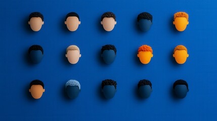Diverse collection of stylized head silhouettes showcasing a variety of hairstyles and hair colors against a vibrant blue background