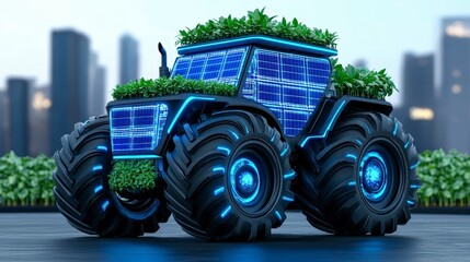 Futuristic electric tractor with green plants and glowing features in an urban landscape