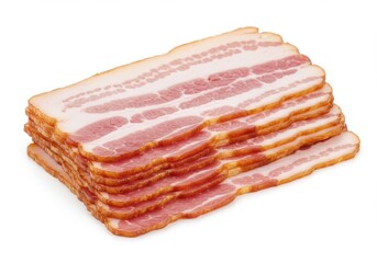 A stack of bacon slices with visible fat marbling on a white background in a studio shot