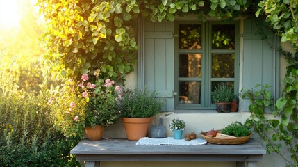 Fototapeta premium Sunny front garden with a laid table near a flowering hedge, styled in spring tones