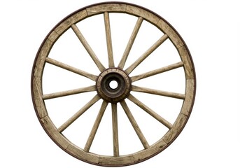 Isolated wooden wagon wheel with spokes and center hub on a plain white background in a studio shot