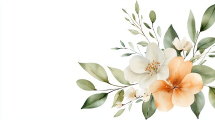Obraz premium Elegant orange flowers and lush green leaves on a pristine white background vibrant