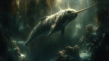 Fototapeta premium Majestic Narwhal in Mysterious Deep Sea