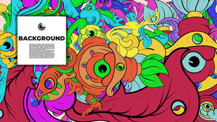 Playful Cartoon Monster Character with Tentacles, Eyes, Feathers, and Leaves – Fun Fantasy Wallpaper Design