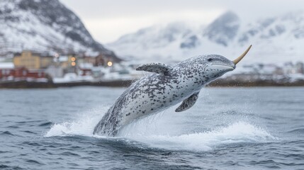 Fototapeta premium Arctic Narwhal's Leap: A Majestic Marine Mammal in its Natural Habitat