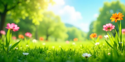 Fototapeta premium Vibrant green grass under sunny sky with blurred summer flowers, sunny, nature, background