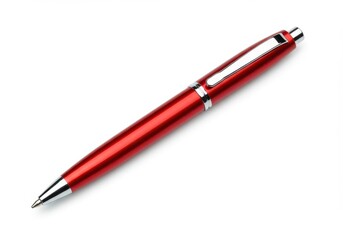 A shiny red pen with silver accents lying diagonally on a white surface in a studio setting