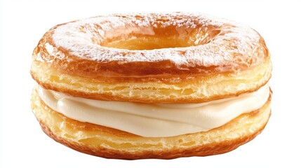 A ring-shaped pastry, possibly a filled donut or a cream puff variation, is dusted with powdered sugar and filled with a thick, white cream.